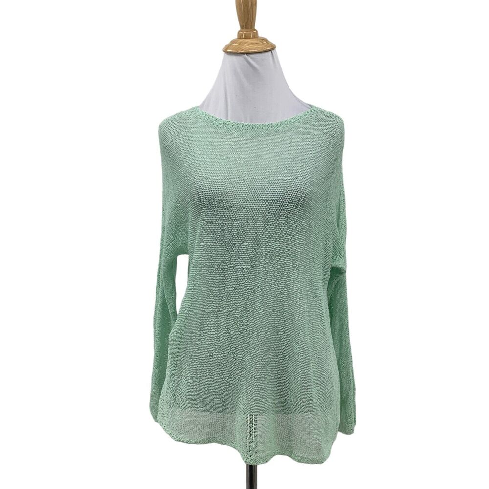 Eileen Fisher Linen Blend Top Womens PP Petite Green Tea Open Stitch Long Sleeve